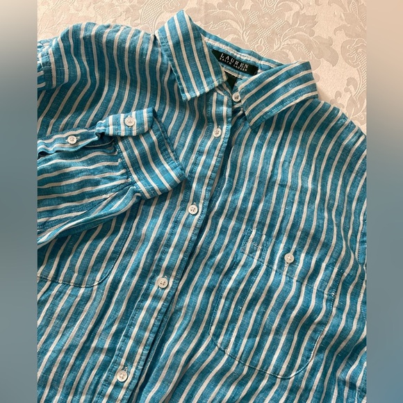 Lauren Ralph Lauren Tops - Lauren Ralph Lauren Blue Label Linen Button Front Shirt Stripe Women Size Large